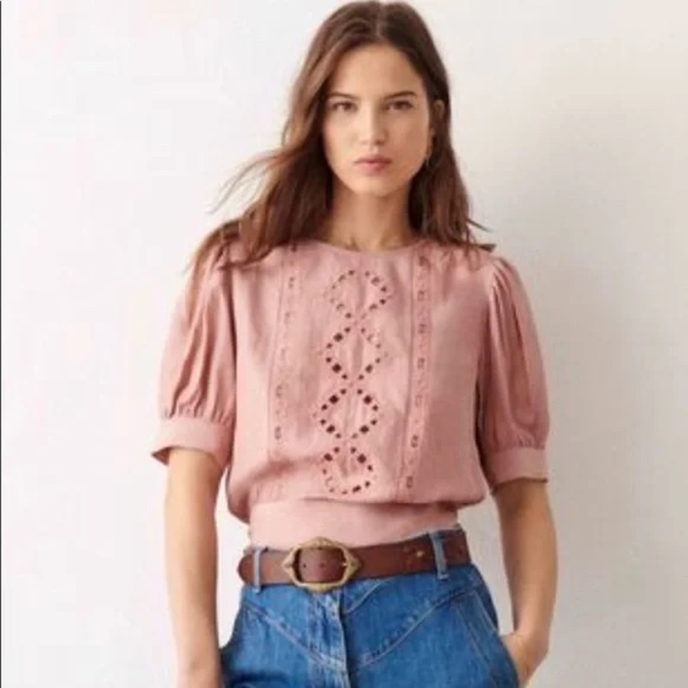 ba&sh Blush Pink Eyelet Blouse Lady Top size small open back short puff sleeve
